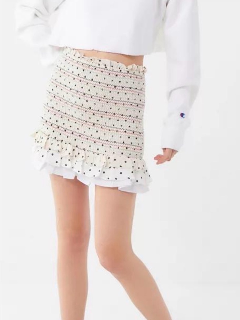 English Factory Polka Dot Smocked Mini Skirt White Multicolor Ruffle XS